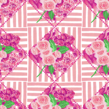 Pembe güller, ortanca (hortensia), karanfiller (dianthus) dikey çizgilerde elmas şeklinde çerçevelenmiş çiçekler ve yapraklar; güzellik, sevgi, bayram hediyesi, selamlama tasarımları için kusursuz desen.