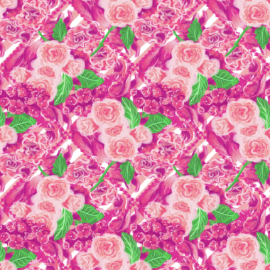 Pembe güller, ortanca (hortensia), karanfil (dianthus) çiçekleri ve yapraklar çapraz çizgilerde elmas şeklinde çerçevelenmiş; güzellik, sevgi, bayram hediyeleri ve tebrik kartları için kusursuz desen.