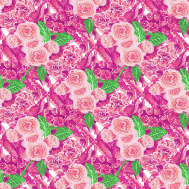 Pembe güller, ortanca (hortensia), karanfil (dianthus) çiçekleri ve yapraklar çapraz çizgilerde elmas şeklinde çerçevelenmiş; güzellik, sevgi, bayram hediyeleri ve tebrik kartları için kusursuz desen.