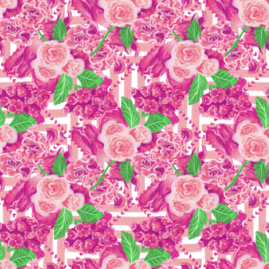 Pembe güller, ortanca (hortensia), karanfiller (dianthus) dikey çizgilerde elmas şeklinde çerçevelenmiş çiçekler ve yapraklar; güzellik, sevgi, bayram hediyesi, selamlama tasarımları için kusursuz desen.