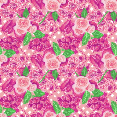 Pembe güller, ortanca (hortensia), karanfiller (dianthus) çapraz çizgilerde elmas şeklinde çerçevelenmiş çiçekler ve yapraklar; güzellik, sevgi, bayram hediyeleri ve tebrik kartları için kusursuz desen.