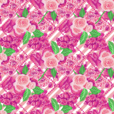 Pembe güller, ortanca (hortensia), karanfil (dianthus) çiçekleri ve yapraklar çapraz çizgilerde elmas şeklinde çerçevelenmiş; güzellik, sevgi, bayram hediyeleri ve tebrik kartları için kusursuz desen.