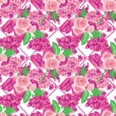 Pembe güller, ortanca (hortensia), karanfil (dianthus) şeffaf arkaplanda elmas şeklinde çerçevelenmiş çiçekler ve yapraklar; güzellik, sevgi, bayram hediyesi ve selamlama tasarımları için kusursuz desen.