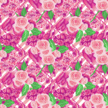 Pembe güller, ortanca (hortensia), karanfil (dianthus) çiçekleri ve yapraklar çapraz çizgilerde elmas şeklinde çerçevelenmiş; güzellik, sevgi, bayram hediyeleri ve tebrik kartları için kusursuz desen.