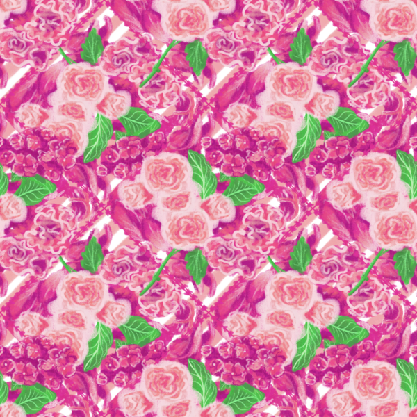 Pembe güller, ortanca (hortensia), karanfil (dianthus) çiçekleri ve yapraklar çapraz çizgilerde elmas şeklinde çerçevelenmiş; güzellik, sevgi, bayram hediyeleri ve tebrik kartları için kusursuz desen.