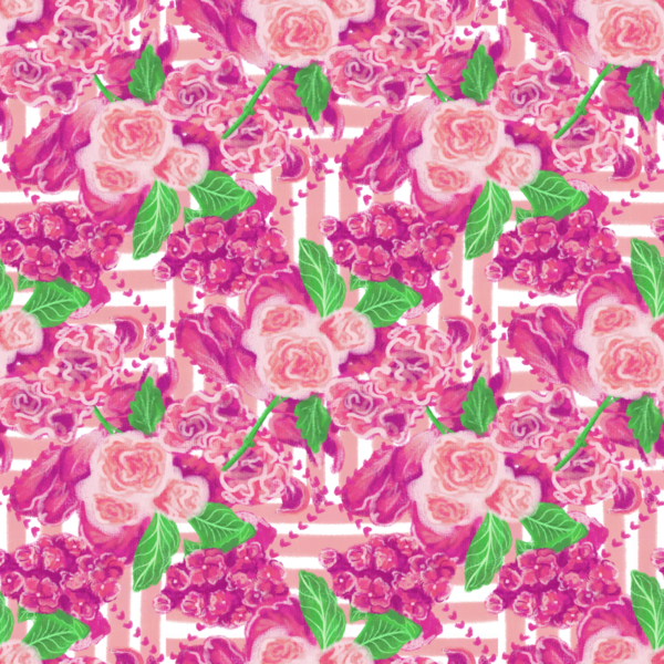 Pembe güller, ortanca (hortensia), karanfiller (dianthus) dikey çizgilerde elmas şeklinde çerçevelenmiş çiçekler ve yapraklar; güzellik, sevgi, bayram hediyesi, selamlama tasarımları için kusursuz desen.