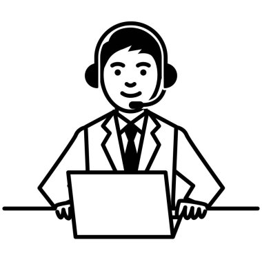 Call center operator. man using headset and laptop computer. Vector illustration.