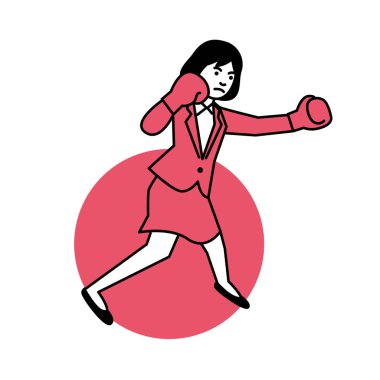 Beyaz arka planda boks yapan iş kadını. Vektör illüstrasyonu.