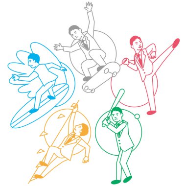 Beyaz arka planda birden fazla spor yapan bir iş adamı. Vektör illüstrasyonu.