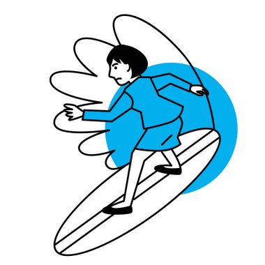 Beyaz arka planda sörf yapan bir iş kadını. Vektör illüstrasyonu.