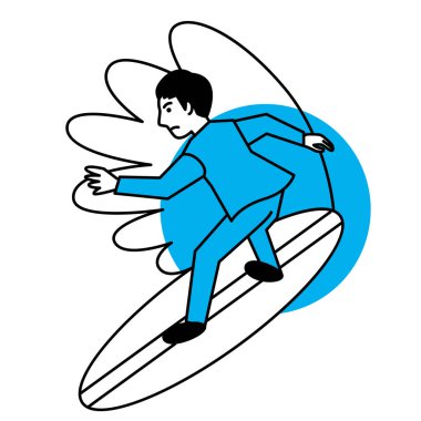 Beyaz arka planda sörf yapan bir iş adamı. Vektör illüstrasyonu.