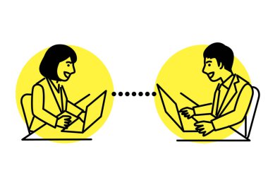 Video konferans uzaktan kumandası laptopta çalışıyor. Vektör illüstrasyonu