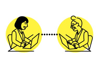 Video konferans uzaktan kumandası laptopta çalışıyor. Vektör illüstrasyonu