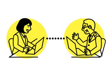 Video konferans uzaktan kumandası laptopta çalışıyor. Vektör illüstrasyonu