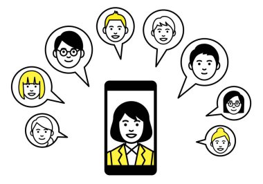 Video konferans kumandası akıllı telefondan çalışıyor. Vektör illüstrasyonu