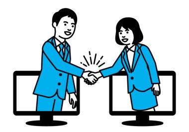 İş adamları bilgisayarla el sıkışıyor. Vektör illüstrasyonu.