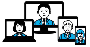 İş adamları ve çoklu cihaz. Vektör illüstrasyonu.