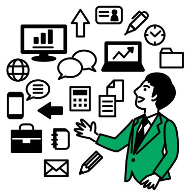 İş adamlarıyla iş aletleri. Vektör illüstrasyonu.