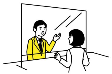 Erkekler ve kadınlar bölme yoluyla konuşuyor. Enfeksiyon sosyal mesafeyi kontrol ediyor. Vektör illüstrasyonu.