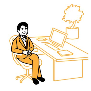 İş sahnesi. Masada çalışan bir adam. Vektör illüstrasyonu.