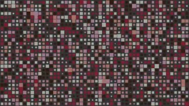 Yanıp sönen çok renkli karelerin soyut geometrik gürültüsü rastgele değişen mozaik lambalarla canlanmış bir döngü yüzeyi oluşturuyor. Görüntü.