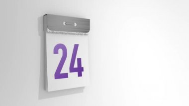 24-25 yaş arası şık bir yırtık takvimin animasyonu. Yirmi dört numaralı sayfa açılıp kapanıyor ve altında yirmi beş numara var. 3B görüntüleme, 3B resimleme.
