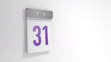 31 'den 1' e kadar olan şık bir yırtık takvimin animasyonu. Otuz bir numaralı sayfa çıkıyor ve düşüyor ve altında bir numara var. 3B görüntüleme, 3B resimleme.