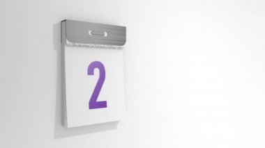 2-3 yaş arası şık bir yırtık takvimin animasyonu. İki numaralı sayfa açılıp kapanıyor ve üç numaralı sayfanın altına düşüyor. 3B görüntüleme, 3B resimleme.