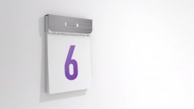 6 'dan 7' ye kadar olan şık bir yırtık takvimin animasyonu. Altıncı sayfa çıkar ve düşer. Altında da yedi numara. 3B görüntüleme, 3B resimleme.