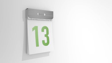 Tear-off calendar with number 13. Stylish 3D rendering of the thirteenth date. 3d illustration over white background day thirteen. clipart