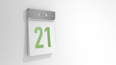 Yırtık takvim numarası 21. Yirmi birinci buluşmanın üç boyutlu tasviri. Beyaz arkaplanda 3D illüstrasyon 21. gün.