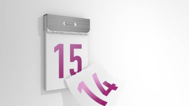 Asgari yırtılma takviminin 3 boyutlu canlandırması. Günleri 14 'ten 15' e değiştirmenin 3 boyutlu çizimi. Geçen günün düşen sayfası.