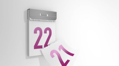 Asgari yırtılma takviminin 3 boyutlu canlandırması. Günleri 21 'den 22' ye değiştirmenin 3 boyutlu çizimi. Geçen günün düşen sayfası.