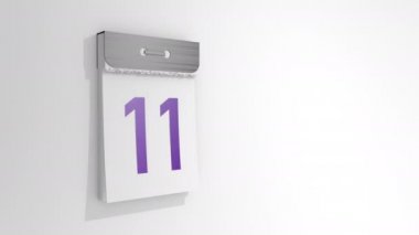 11 'den 12' ye şık bir yırtık takvimin animasyonu. Sayfa on bir çıkar ve düşer. Altında on iki numara var. 3B görüntüleme, 3B resimleme.