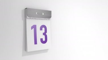 13 ile 14 yaş arası şık bir yırtık takvimin animasyonu. Sayfa on üç çıkıyor ve düşüyor, ve altında on dört numara var. 3B görüntüleme, 3B resimleme.