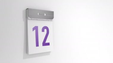12 'den 13' e kadar olan şık bir yırtık takvimin animasyonu. Sayfa on iki çıkar ve düşer, ve altında on üç numara var. 3B görüntüleme, 3B resimleme.
