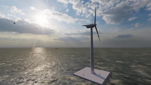 日落时风力发电机在水面上 3D渲染 3D说明 — 图库视频影像