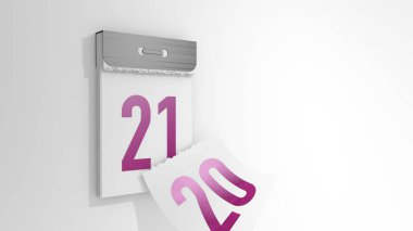 Asgari yırtılma takviminin 3 boyutlu canlandırması. Günleri 20 'den 21' e değiştirmenin 3 boyutlu çizimi. Geçen günün düşen sayfası.
