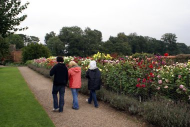 Batık bir bahçede bir yolda yürürken insanlar