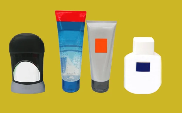 De producten van de schoonheid voor mannen. toiletartikelen. lichaam zorg flessen. badkamer toileties — Stockfoto