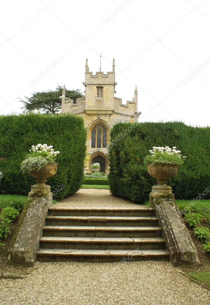 Entrance, steps to St Mary Church. Sudeley castle church, Winchcombe, England