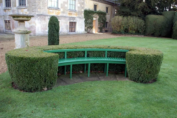 Wooden seat or bench with hedge — Stock Photo, Image