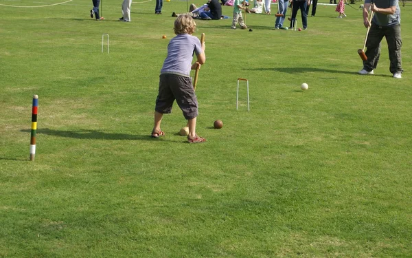 Enfant jouant à un jeu de croquet dans un champ — Photo