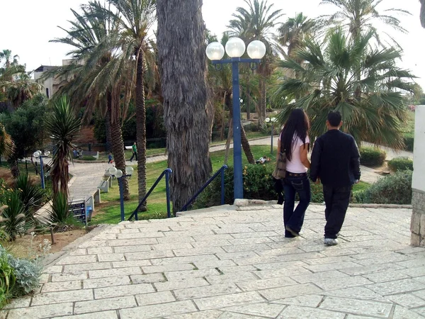 Asian couple walking hand in hand in a park, Yaffo city, Israel — Stock Photo, Image