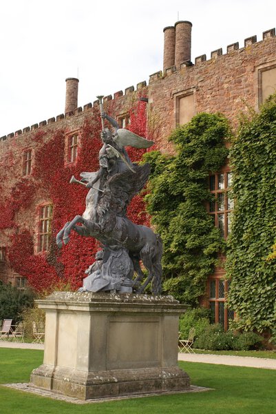 Statue of an angel riding horse, Powis castle, Welshpool, Wales, England