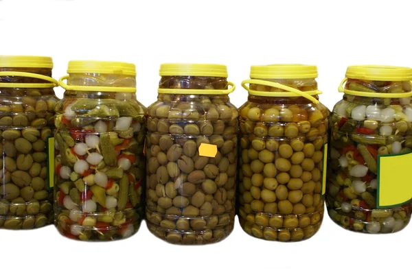 Olive glass jars. preserved food. preserved vegetables. — Stock Photo, Image