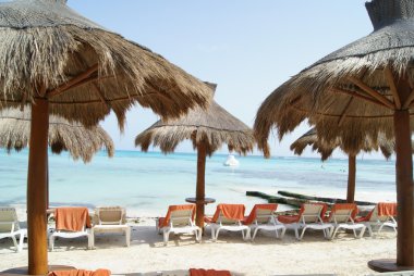 thatched şemsiye ve şezlonglar bir plajda