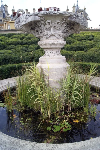 Скульптурная урна в тисовом саду — стоковое фото