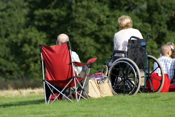 Anziani o anziani coppia in sedia a rotelle relax in un parco — Foto Stock