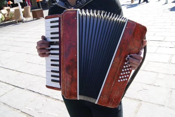 Hra na akordeon. pouliční představení. busking. pouliční umělec. Pouliční muzikant — Stock fotografie